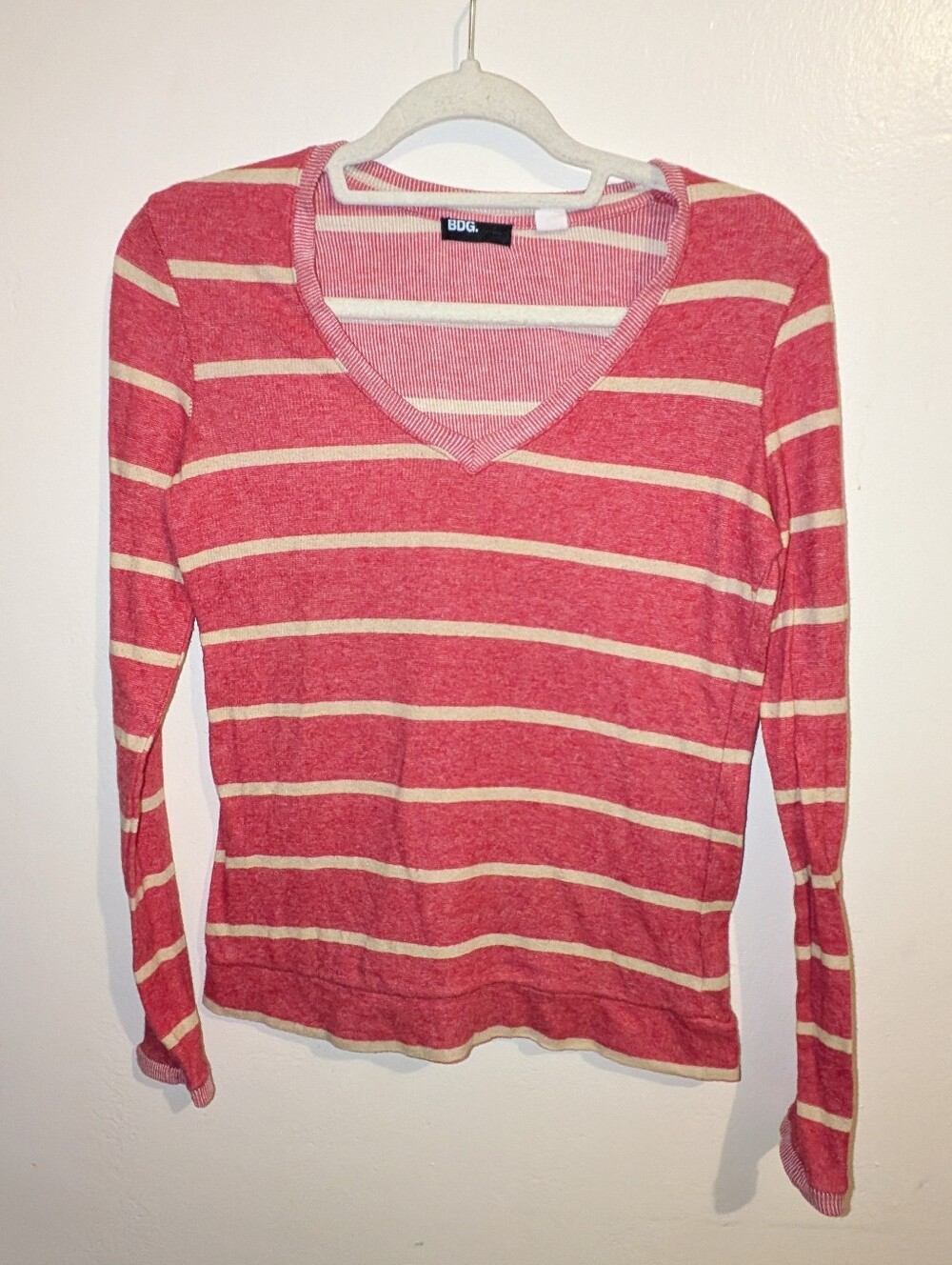 BDG Pink/Red and Cream Striped V-Neck Long Sleeve Tee Size S